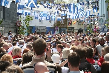 Crowds of tourists observing the Padstow 'Obby 'Oss custom in 2006