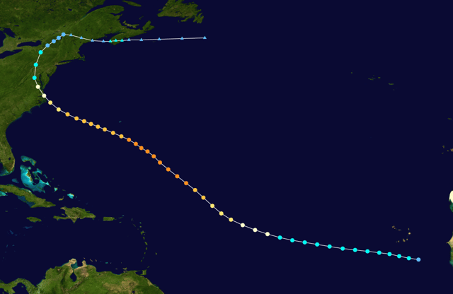 Map plotting the track and the intensity of the storm, according to the Saffir–Simpson scale