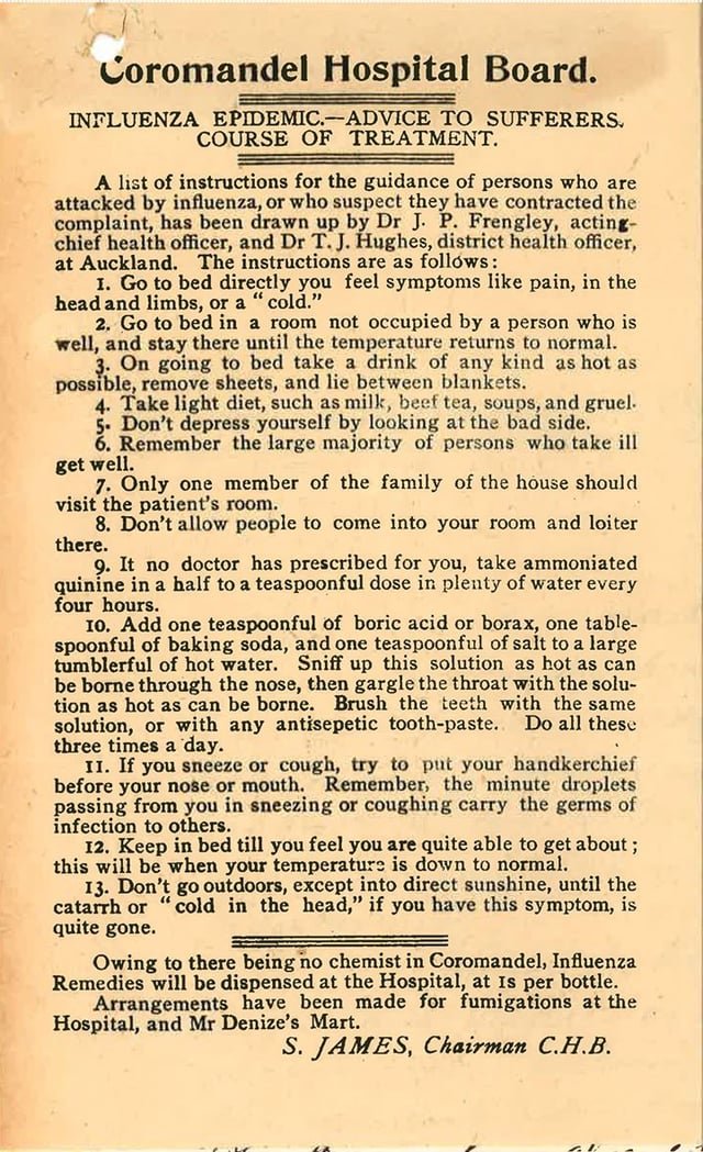 Coromandel Hospital Board (New Zealand) advice to influenza sufferers (1918)