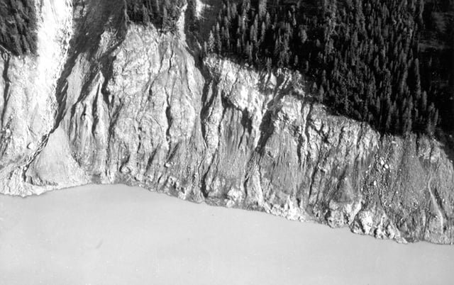 Part of the south shore of Lituya Bay showing the trimline, with bare rock below
